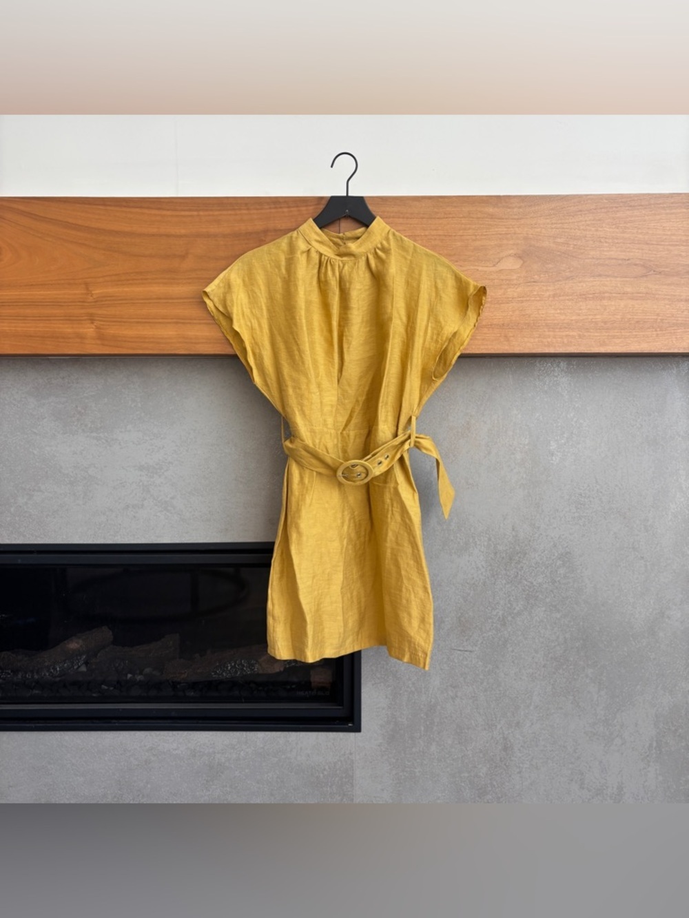 Women’s Mustard Short Sleeve Belted Linen Dress